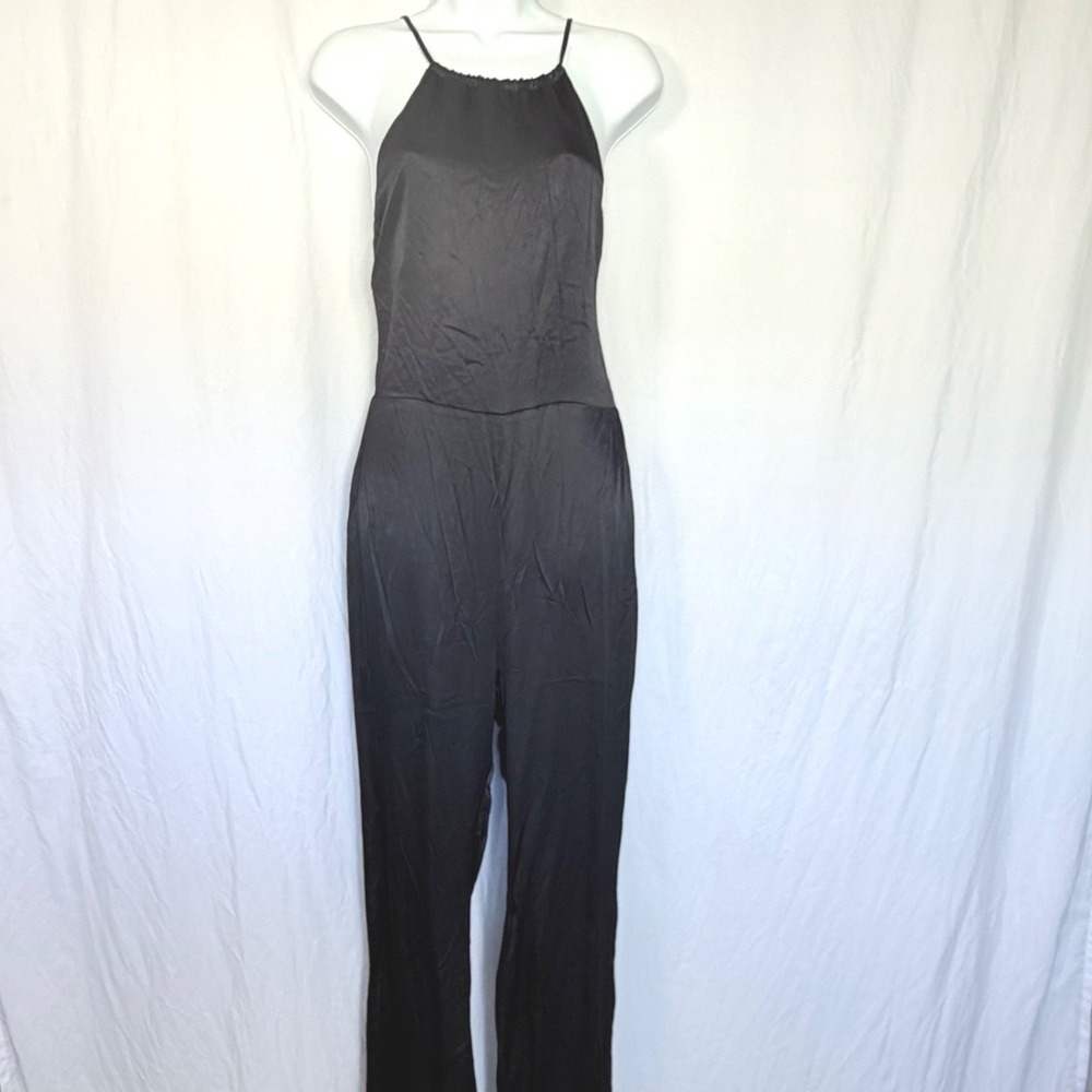 Zara Jumpsuit‎ Satin Halter Cutout Back Black Wide Leg 1165/332 Medium